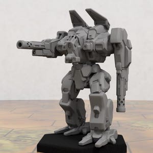 May include: A grey, detailed model of a bipedal mech robot, standing on a black hexagonal base. The robot has a large cannon on its right arm and various mechanical components. The model is likely for tabletop gaming or display.