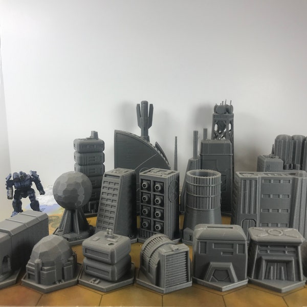 Hostile Environments CityTech Set (Full Set - 18x Buldings) - Mapscale Buildings compatible with BT/American Mecha and other tabletop games