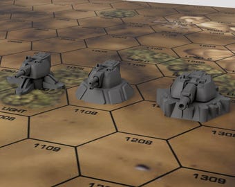 Defense Turrets by SirMortimerBombito- Mapscale Buildings | American Mecha | Compatible with BT and other 6mm Tabletop Wargames