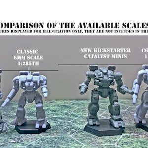 May include: Comparison of four different scales of miniature robots, labeled "Classic Metal Minis", "Classic GMM Scale 1:285th", "New Kickstarter Catalyst Minis", and "CGL Scale 1:265th".