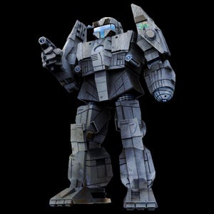May include: A grey and silver robot with a blue visor and a large gun in its right hand. The robot has a large, rectangular body with a smaller head and two arms. It has a large, rectangular body with a smaller head and two arms. The robot is standing on a black background.