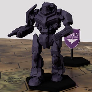 May include: A dark gray, detailed, articulated robot figure with a gun in its right hand. The robot is standing on a hexagonal game board with a logo that says "ONIN INCORPORATED".
