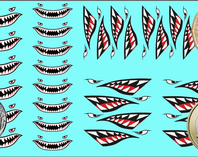 Shark Teeth Nose Art for Assault & Heavy Mechs -  Multi-size Premium Waterslide Decals for Battletech with white background