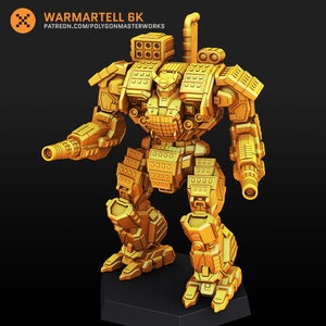 May include: A gold-colored, detailed, articulated robot model with a large gun and a variety of weapons. The robot is standing on a hexagonal base. The text "WARMARTELL 6K" and "PATREON.COM/POLYGONMASTERWORKS" is visible on the image.