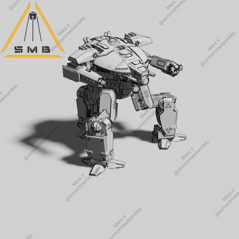 May include: A grayscale illustration of a bipedal robot with detailed mechanical components. The robot has a large central body, articulated limbs, and weapon-like attachments. The image includes the text "SMB" and "Mars V".