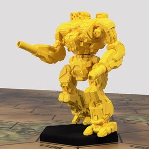 May include: A yellow plastic miniature robot with a large gun on its left arm. The robot is standing on a black base.