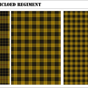 May include: Three vertical panels of Mcloed Regiment tartan fabric featuring a repeating pattern of mustard yellow, black, and thin red lines. A British pound coin is placed in the top right corner for scale reference.