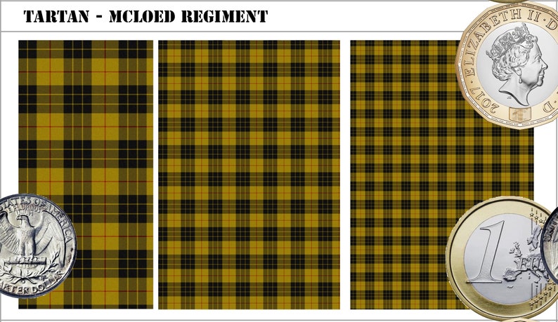May include: Three vertical panels of Mcloed Regiment tartan fabric featuring a repeating pattern of mustard yellow, black, and thin red lines. A British pound coin is placed in the top right corner for scale reference.