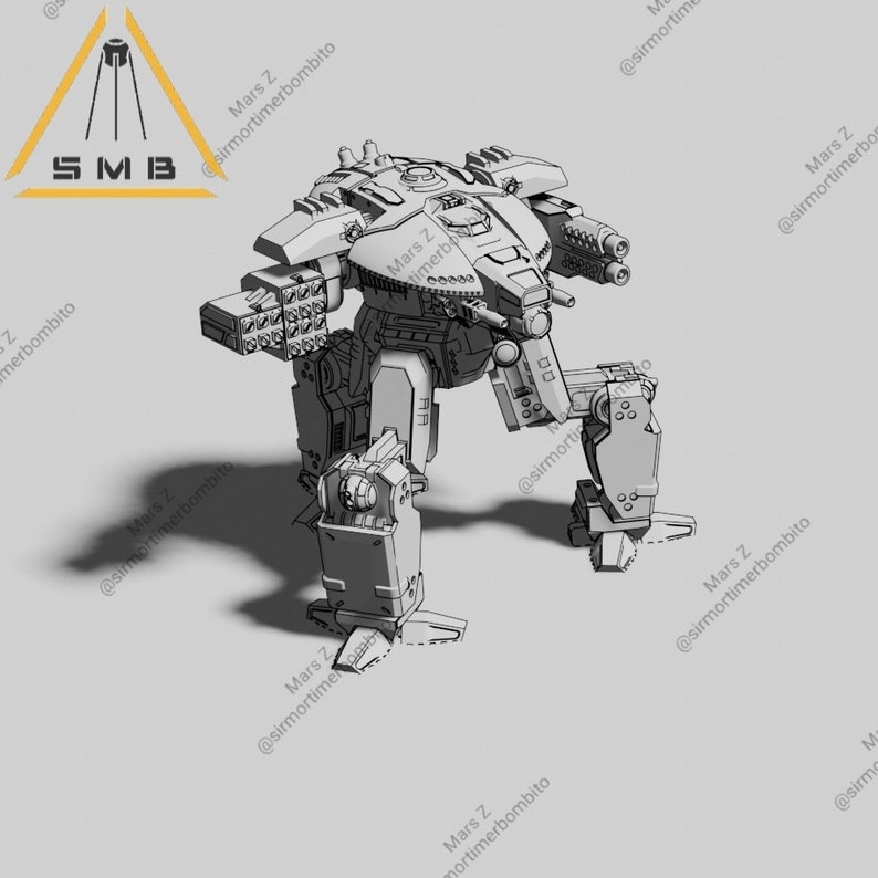 May include: A gray, mechanical war machine with multiple weapon systems, including missile launchers and cannons. The robot is in a kneeling position, with detailed mechanical components. The image includes the text "SMB" within a yellow triangle.