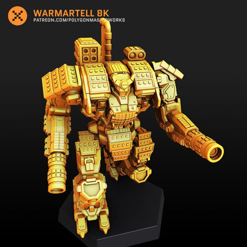 May include: A gold-colored, detailed, articulated robot model with a large gun on its right arm. The robot has a large head with a visor and a chest plate with a grid pattern. The robot is standing on a black base.