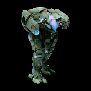 May include: A green and grey military-style robot with a blue and purple visor. The robot has two large cannons on its back and two smaller cannons on its arms.