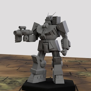 May include: A gray, articulated robot with a large gun in its right hand. The robot is standing on a hexagonal tile floor.