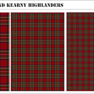 May include: A digital display of the 2nd Kearny Highlanders tartan pattern featuring a red base with green, blue, and yellow intersecting lines. The image includes a United States quarter and a British pound coin for scale reference.