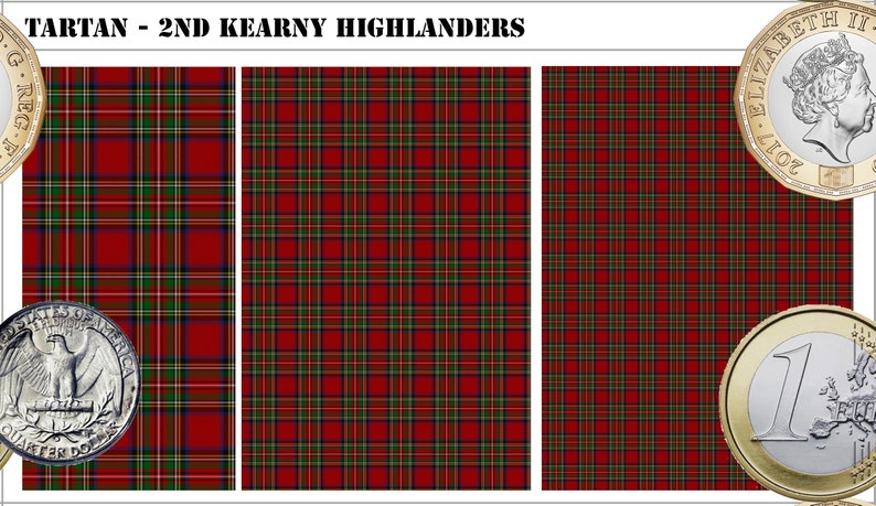 May include: A digital display of the 2nd Kearny Highlanders tartan pattern featuring a red base with green, blue, and yellow intersecting lines. The image includes a United States quarter and a British pound coin for scale reference.