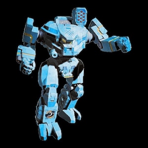 May include: A blue and grey robot with a large gun on its shoulder. The robot has a large head with a visor and a small mouth. The robot is standing on a black background.