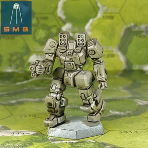 May include: A gray and silver painted miniature robot with a detailed design. The robot has a large head with two sets of four small guns on the back. The robot is standing on a gray hexagonal base.