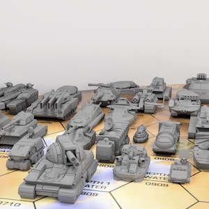 May include: A collection of 18 grey miniature tanks and vehicles, some with guns and others with antennas, on a hexagonal grid game board with numbers and text.