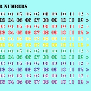 May include: A colorful chart with the numbers 00 to 12 in black text on a light blue background. The numbers are repeated in rows, with each row featuring a different color: black, red, yellow, green, blue, and purple. The chart is surrounded by images of coins, including a US quarter and a British pound coin.