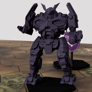 May include: A dark purple, detailed model of a robotic mech warrior, standing on a hexagonal grid surface. The mech has articulated limbs, a detailed head, and a shield with text. The model is a representation of a futuristic war machine.