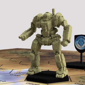 May include: A beige and grey plastic model of a robot, standing on a black hexagonal base. The robot has a large head with a single antenna, and is holding a weapon in its right hand. The robot is standing on a hexagonal tile with the words "Depth 2 Water" printed on it.