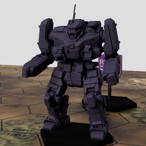 Puede incluir: Un modelo morado oscuro de un robot mech bípedo, de pie sobre un tablero de juego hexagonal. El robot tiene un diseño cuadrado con múltiples paneles, una antena central y un letrero que dice "R' INC".