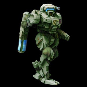 May include: A green and gray robot with a blue visor and a large arm cannon. The robot is standing on one leg and has its other leg raised.