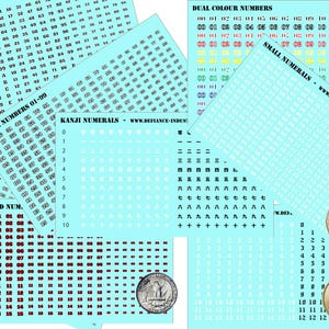 May include: A sheet of white, black, and red numbers on a light blue background. The numbers are arranged in rows and columns. The sheet is labeled "Black Numbers 01-99", "B&W Numbers", "Black & Red Num.", "White Numbers 01-99", "Dual Colour Numbers", "Small Numerals", and "Kanji Numerals".