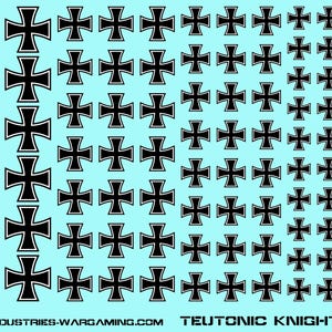 May include: Sheet of black and white Iron Cross decals on a light blue background. The image includes a US quarter, a British pound coin, and a Euro coin for size comparison. The text "TEUTONIC KNIGHTS" and a website address are at the bottom.