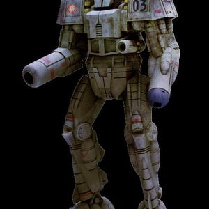 Könnte beinhalten: Detaillierte Illustration eines grau-beigen Roboters mit der Nummer "03" auf der Schulter. Der Roboter hat eine zylindrische Armkanone und ein Sonnenemblem. Der Kopf des Roboters hat ein rosa Visier.