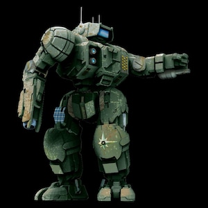May include: A green and brown military robot with a large head and a single eye. The robot has a large arm extended to the right and a smaller arm on the left. The robot is standing on a black background.