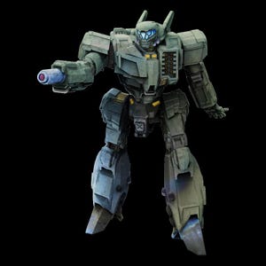 May include: A green and grey robot with a large gun in its right hand. The robot has a blue visor and a black chest plate.