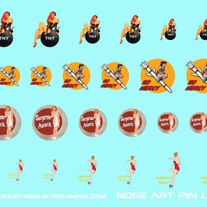 May include: A collection of pin-up art stickers and designs, including images of women on bombs, rockets, and circular badges with text. The background is a light blue color, and the image includes a US quarter, a British coin, and a Euro coin.