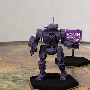 May include: A purple mech robot model stands on a hexagonal game board. The robot has a detailed design with multiple weapons and a tall antenna. A sign that reads "RONIN INCORPORATED" is also on the board.