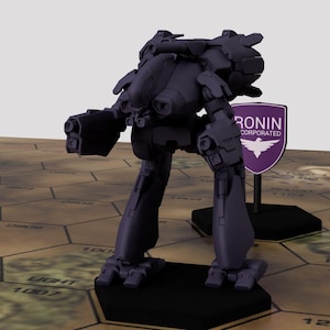 May include: A dark purple mech robot figurine stands on a black base, posed on a hexagonal game board. A purple sign with the text "RONIN INCORPORATED" and a white bird graphic is visible. The robot has detailed mechanical features.