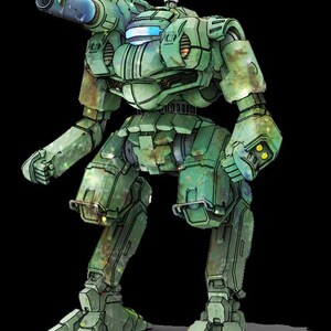 May include: A green and grey robot with a large cannon on its arm. The robot has a camouflage pattern and a large head with a single eye.