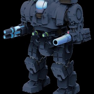 May include: A dark grey mech robot with glowing blue and green highlights. The robot features a cockpit with a blue visor and two large cannons on each arm. The design is detailed and futuristic, with an emphasis on weaponry and armour.