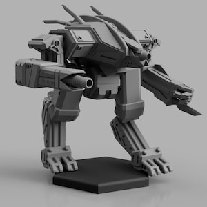 May include: A grey, detailed, articulated, plastic model of a futuristic robot or mech. The model is posed in a walking stance with its arms extended. The model is standing on a hexagonal base.