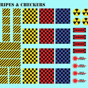 May include: A sheet of premium stripes and checkers decals. The sheet includes yellow and black stripes, black and yellow checkers, black and red checkers, and black and blue checkers. There are also several warning signs, including "Danger" and "High Energy".