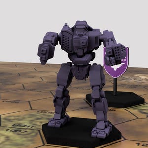 May include: A purple and grey plastic model of a robot with a shield that says "United" on it. The robot is standing on a hexagonal game board.