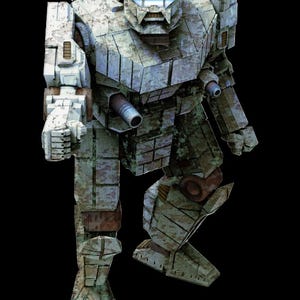 May include: A large, grey and white robot with a camouflage pattern. The robot has a large head with a visor and a large body with two arms and two legs. The robot is standing on a black background.