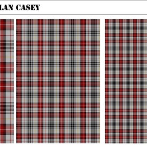 May include: Three rectangular swatches of Clan Casey tartan fabric featuring a repeating plaid pattern in red, black, white, and thin yellow lines. The text TARTAN - CLAN CASEY is displayed at the top. A British pound coin is visible for scale.
