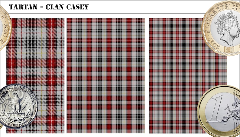May include: Three rectangular swatches of Clan Casey tartan fabric featuring a repeating plaid pattern in red, black, white, and thin yellow lines. The text TARTAN - CLAN CASEY is displayed at the top. A British pound coin is visible for scale.
