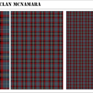 May include: A digital display of the Clan McNamara tartan pattern featuring a grey background with red, black, and thin yellow intersecting lines. The text TARTAN - CLAN MCNAMARA is visible at the top. A British pound coin is shown for scale.
