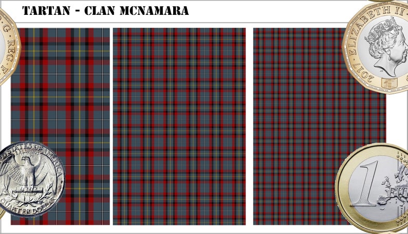 May include: A digital display of the Clan McNamara tartan pattern featuring a grey background with red, black, and thin yellow intersecting lines. The text TARTAN - CLAN MCNAMARA is visible at the top. A British pound coin is shown for scale.