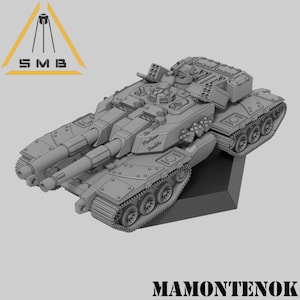 May include: A gray, detailed model of a tank with a large cannon and multiple smaller cannons. The tank is on a gray base and has the text "Sir Mamontenok Bombolo" on the side.