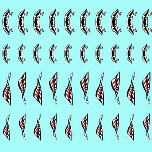May include: A sheet of black and white shark tooth decals with red accents. The decals are arranged in rows and columns on a light blue background. There are two US quarter coins and a British one pound coin in the image.