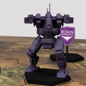 May include: A purple and gray plastic model of a robot with a raised arm and a shield that says "RONIN INCORPORATED" with a purple bird logo. The robot is standing on a hexagonal tile.