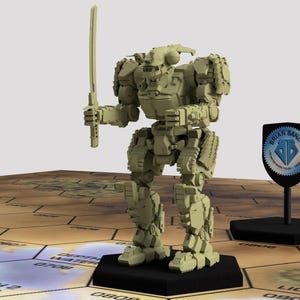May include: A light green mech figure holding a sword, standing on a black base. The figure is on a hexagonal game board with a shield-shaped sign that reads "BRIAN BANZAI".