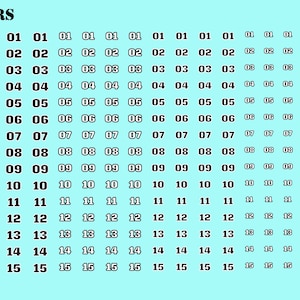 May include: A black and white chart with the numbers 01 through 15 repeated across the page. The chart is on a light blue background. There are two coins on the chart, one is a US quarter and the other is a Euro coin.