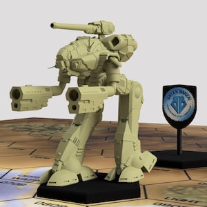 May include: A beige plastic model of a walking robot with a large cannon on top and two smaller guns on the sides. The robot is standing on a black base and is on a brown and beige hexagonal tile.